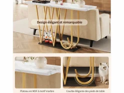 Hauss Spole Consola|Mesa consola con patas de metal dorado - Tapa efecto mármol 120 x 29,5 x 80 cm