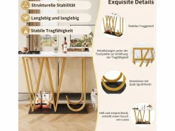 Hauss Spole Consola|Mesa consola con patas de metal dorado - Tapa efecto mármol 120 x 29,5 x 80 cm
