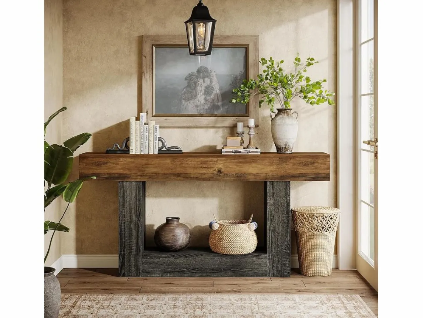 Tribesigns Consola|Mesa consola de 160 cm de largo, mesa de entrada de 2 niveles, mesa de sofá con almacenamiento, mesa de sofá de madera de estilo rústico para sala de estar, pasillo