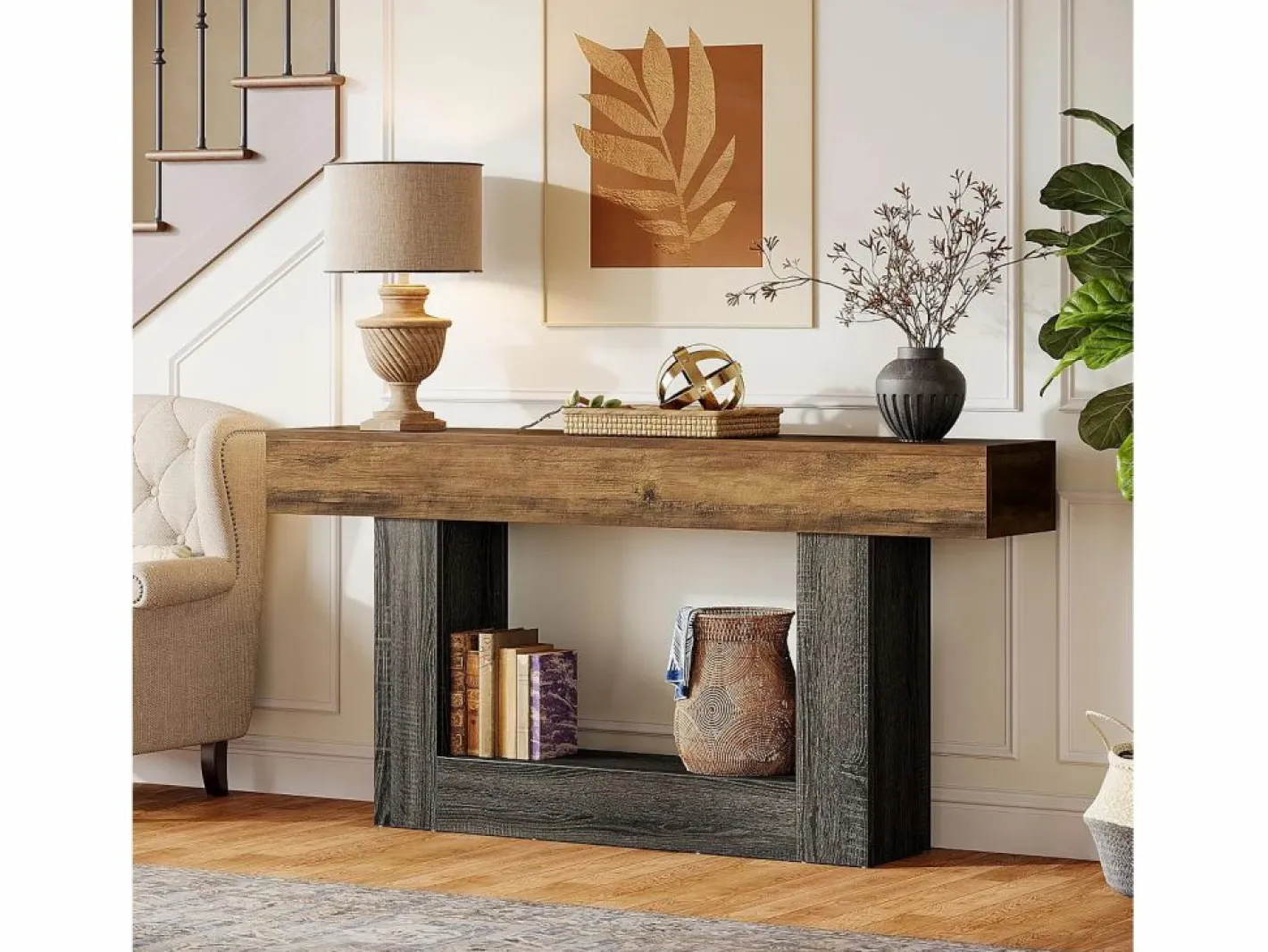Tribesigns Consola|Mesa consola de 160 cm de largo, mesa de entrada de 2 niveles, mesa de sofá con almacenamiento, mesa de sofá de madera de estilo rústico para sala de estar, pasillo