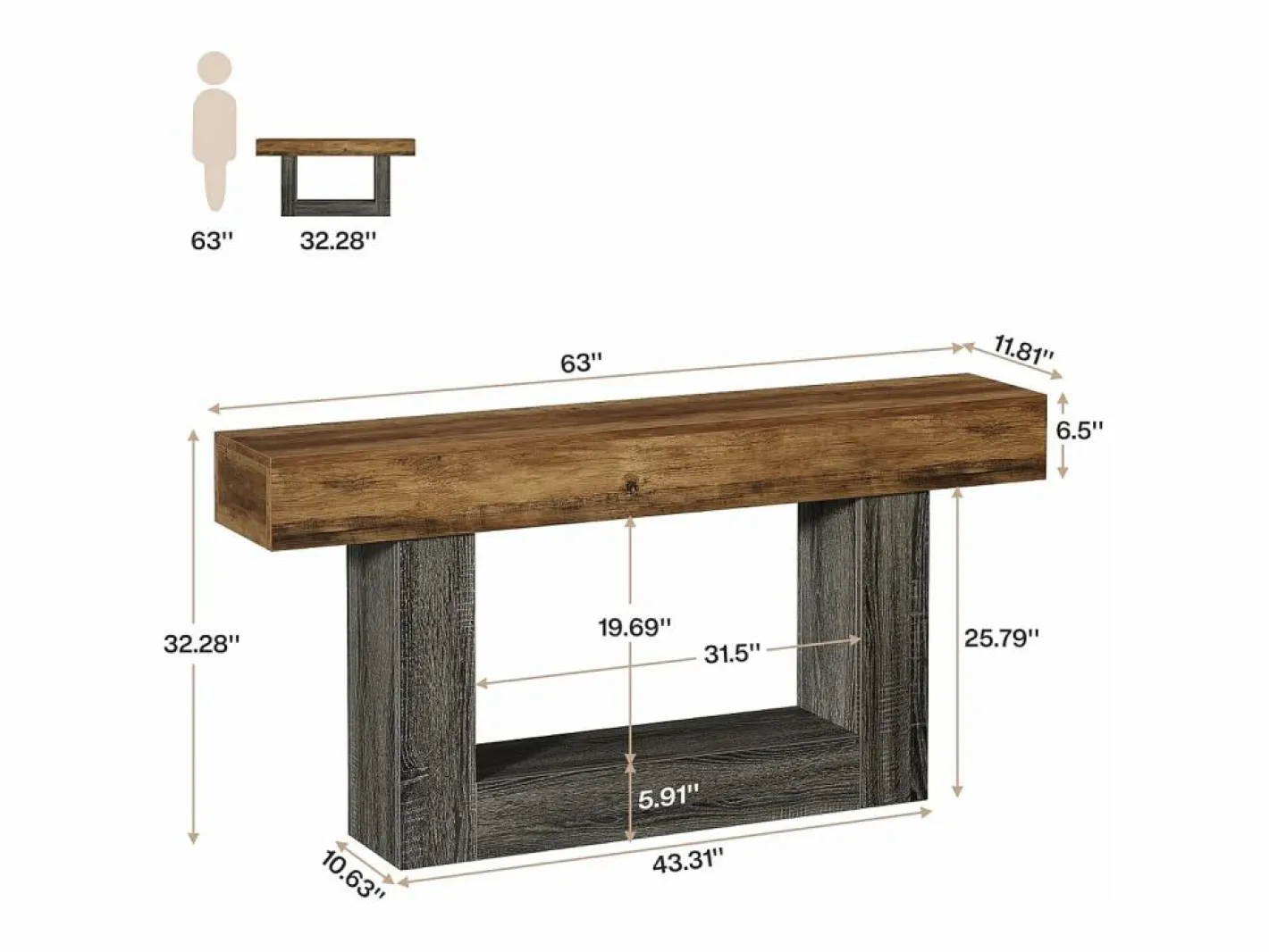 Tribesigns Consola|Mesa consola de 160 cm de largo, mesa de entrada de 2 niveles, mesa de sofá con almacenamiento, mesa de sofá de madera de estilo rústico para sala de estar, pasillo
