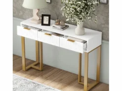 Merax Consola|Mesa consola moderna con 3 cajones - 120 x 36 x 80 cm - MDF - para salón, pasillo - + dorado