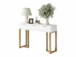 ModernLuxe Mesa consola moderna con 2 cajones y patas ajustables, blanco y dorado Blanco / Dorado Best