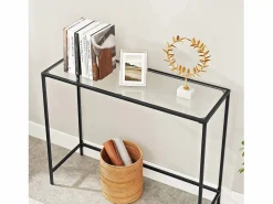 Mesa consola Valora para salón, de cristal y metal. Negro Discount