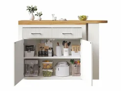 Mesa de bar extensible con espacio de almacenamiento, moderna, móvil, mesa de bar extensible con un cajón y dos estantes, blanca^KOMHTOM New
