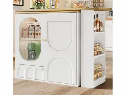 Mesa de bar giratoria con 3 puertas, isla de cocina con almacenaje - tablero extensible (138-204)x39x102 cm - Blanco Best