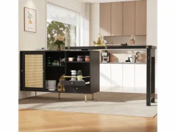 Mueble Bar|Mesa de bar giratoria con puerta de ratán y estante abierto - Mesa de comedor de madera - Negra - 107x40x71,4 cm