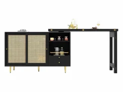 Mueble Bar|Mesa de bar giratoria con puerta de ratán y estante abierto - Mesa de comedor de madera - Negra - 107x40x71,4 cm