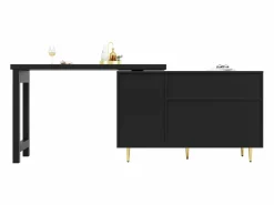 Mueble Bar|Mesa de bar giratoria con puerta de ratán y estante abierto - Mesa de comedor de madera - Negra - 107x40x71,4 cm