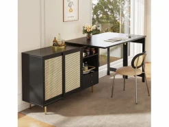 Mueble Bar|Mesa de bar giratoria con puerta de ratán y estante abierto - Mesa de comedor de madera - Negra - 107x40x71,4 cm