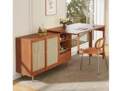 Mesa de bar giratoria con puerta de ratán y estante abierto - Mesa de comedor de madera - Marrón - 107 x 40 x 71,4 cm Marru00f3n Best