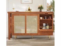 Mesa de bar giratoria con puerta de ratán y estante abierto - Mesa de comedor de madera - Marrón - 107 x 40 x 71,4 cm Marru00f3n Best