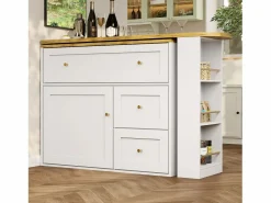 Mueble Bar|Mesa de bar giratoria con 1 puerta y 2 cajones, espacio de almacenamiento tipo buffet con tablero extensible (138-204)×39×105 cm -