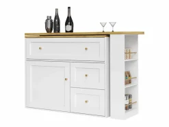 Mueble Bar|Mesa de bar giratoria con 1 puerta y 2 cajones, espacio de almacenamiento tipo buffet con tablero extensible (138-204)×39×105 cm -