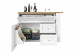 Mueble Bar|Mesa de bar giratoria con 1 puerta y 2 cajones, espacio de almacenamiento tipo buffet con tablero extensible (138-204)×39×105 cm -