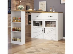 Mesa de bar giratoria de madera con 2 puertas y 1 cajón, con tablero extensible - (138-204) x 39 x 104 cm - Blanco