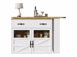 Mesa de bar giratoria de madera con 2 puertas y 1 cajón, con tablero extensible - (138-204) x 39 x 104 cm - Blanco