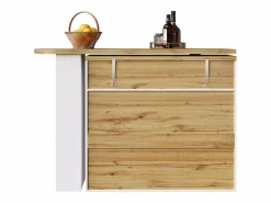Mesa de bar giratoria de madera con 2 puertas y 1 cajón, con tablero extensible - (138-204) x 39 x 104 cm - Blanco