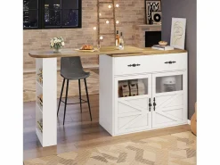Mesa de bar giratoria de madera con 2 puertas y 1 cajón, con tablero extensible - (138-204) x 39 x 104 cm - Blanco