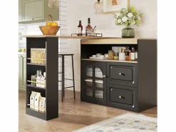 Mueble Bar|Mesa de bar giratoria de madera con 1 puerta de cristal y 2 cajones, aparador con almacenaje (138-204) x 39 x 104 cm -