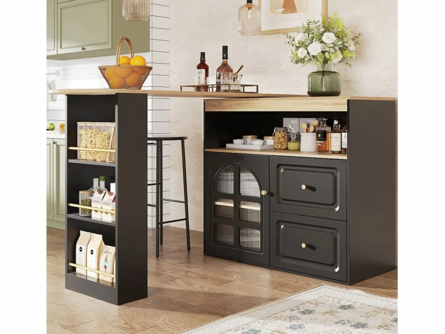 Mueble Bar|Mesa de bar giratoria de madera con 1 puerta de cristal y 2 cajones, aparador con almacenaje (138-204) x 39 x 104 cm -