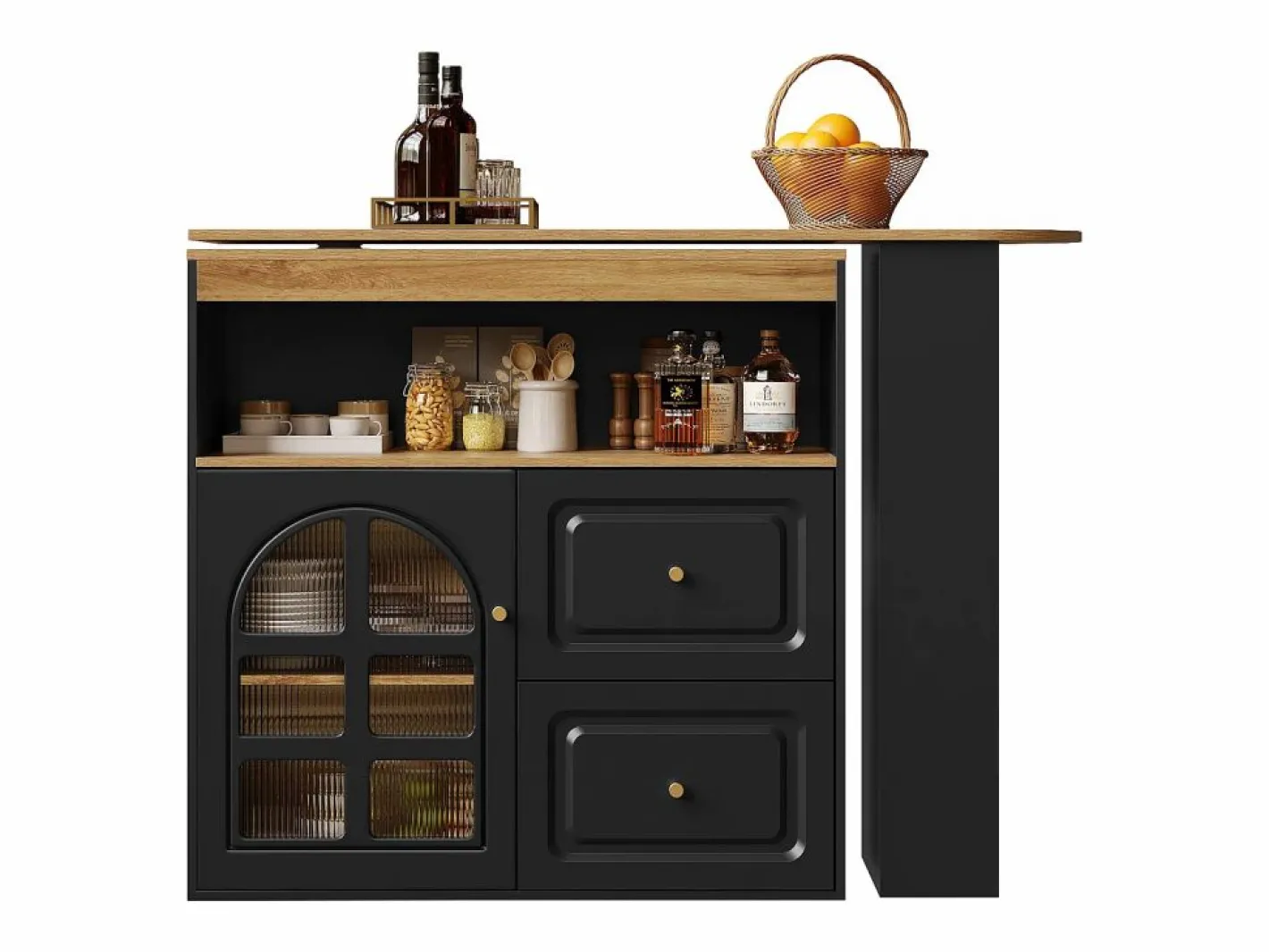 Mueble Bar|Mesa de bar giratoria de madera con 1 puerta de cristal y 2 cajones, aparador con almacenaje (138-204) x 39 x 104 cm -