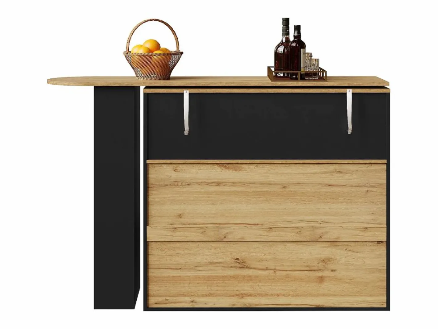 Mueble Bar|Mesa de bar giratoria de madera con 1 puerta de cristal y 2 cajones, aparador con almacenaje (138-204) x 39 x 104 cm -