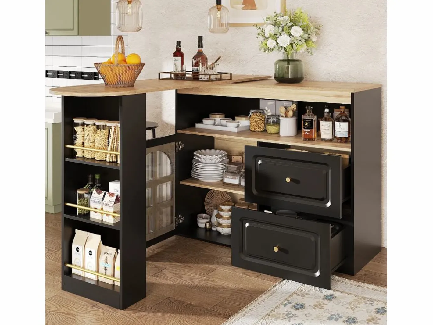 Mueble Bar|Mesa de bar giratoria de madera con 1 puerta de cristal y 2 cajones, aparador con almacenaje (138-204) x 39 x 104 cm -