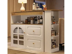 Mesa de bar giratoria de madera con 1 puerta de cristal y 2 cajones, aparador con almacenaje (138-204) x 39 x 104 cm - Blanco Online