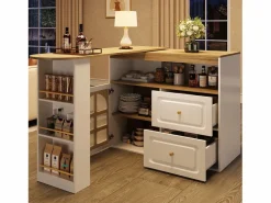 Mesa de bar giratoria de madera con 1 puerta de cristal y 2 cajones, aparador con almacenaje (138-204) x 39 x 104 cm - Blanco Online