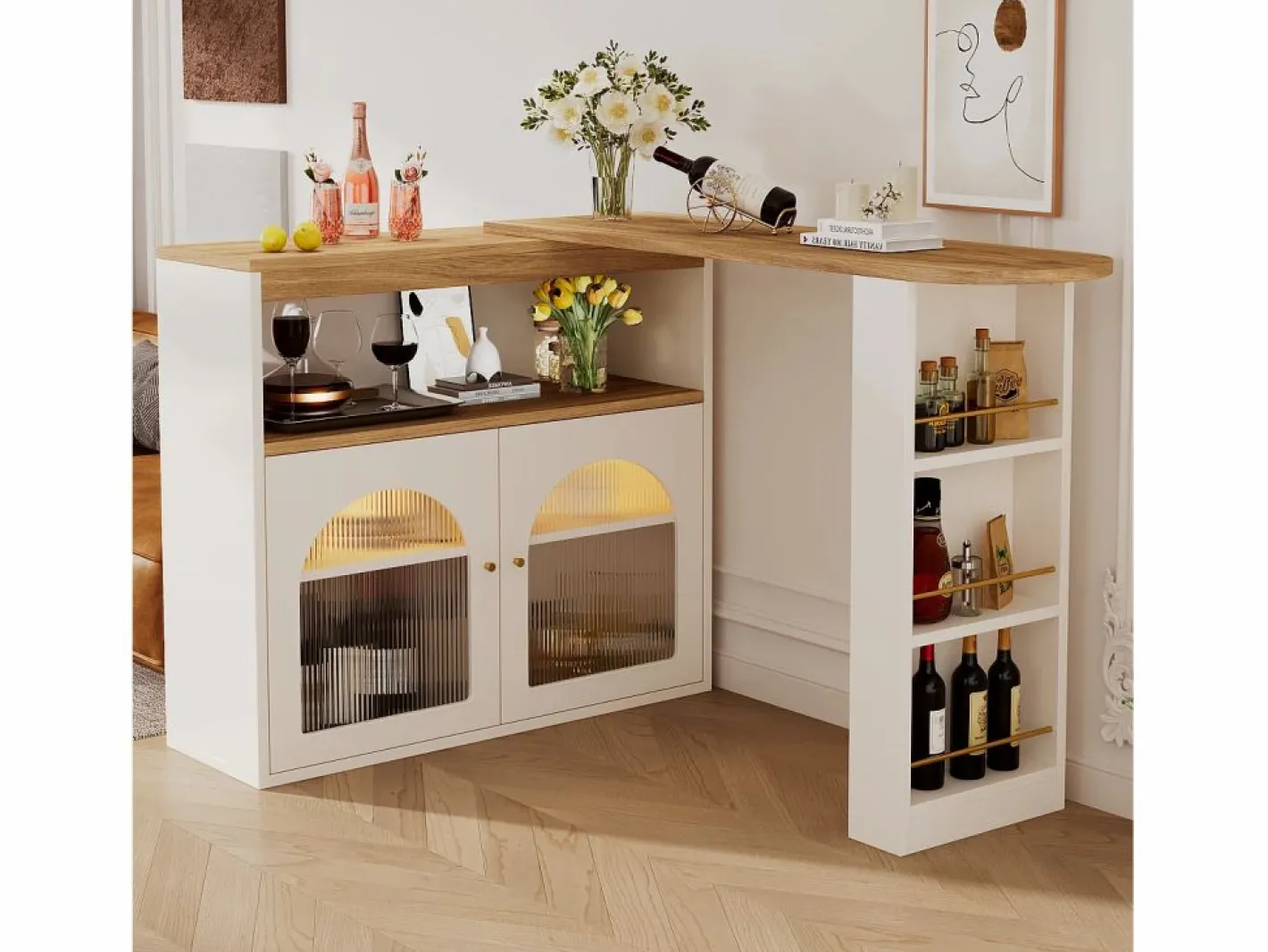 Mesa de bar giratoria de madera con espacio de almacenamiento - Luz LED ajustable - - 138/193 x 39 x 105 cm Blanco Sale