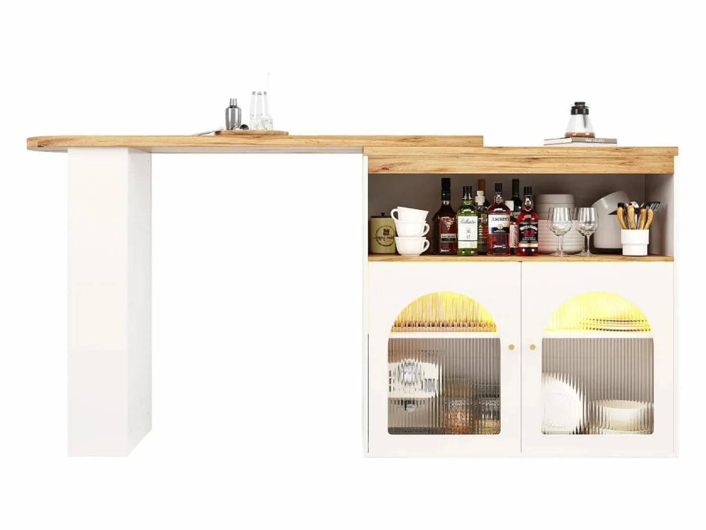 Mesa de bar giratoria de madera con espacio de almacenamiento - Luz LED ajustable - - 138/193 x 39 x 105 cm Blanco Sale