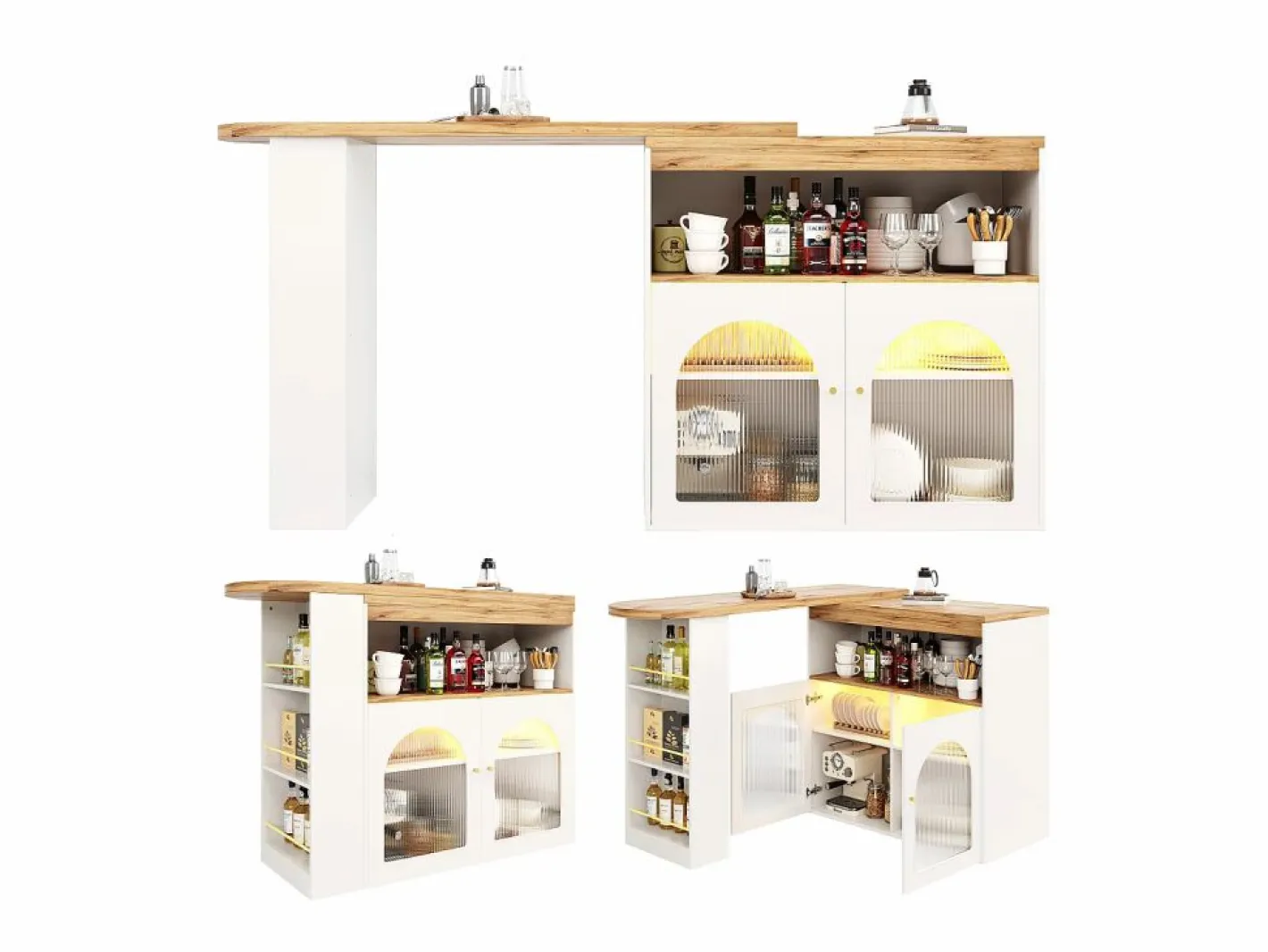 Mesa de bar giratoria de madera con espacio de almacenamiento - Luz LED ajustable - - 138/193 x 39 x 105 cm Blanco Sale