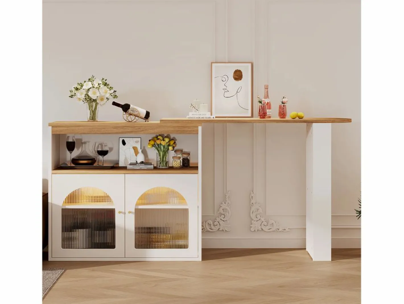 Mesa de bar giratoria de madera con espacio de almacenamiento - Luz LED ajustable - - 138/193 x 39 x 105 cm Blanco Sale