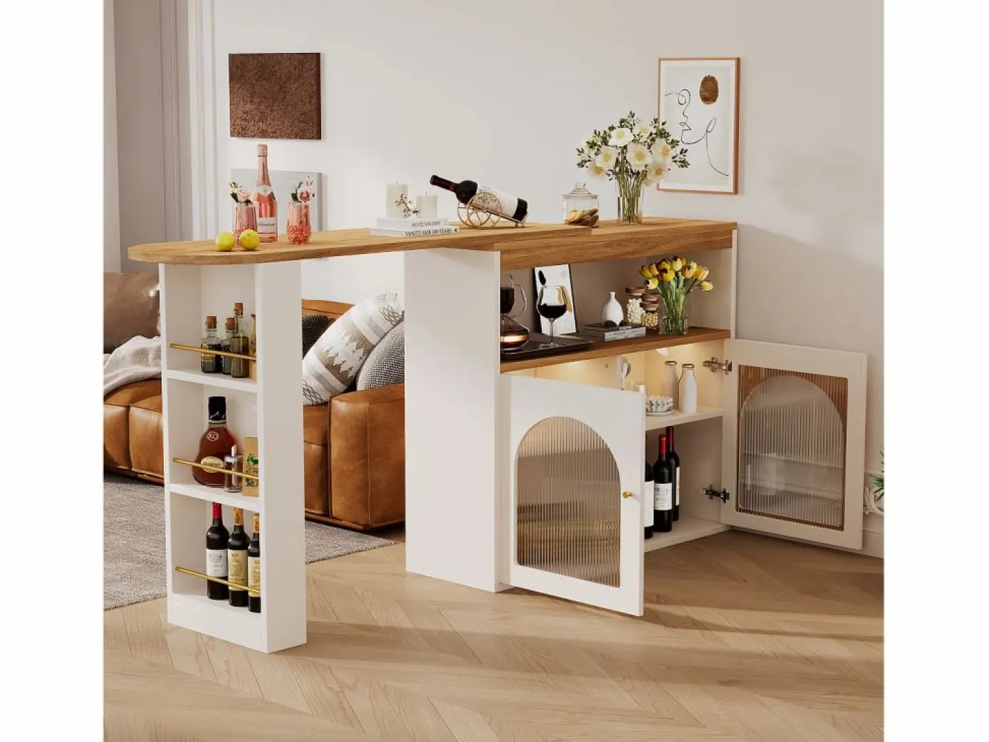 Mesa de bar giratoria de madera con espacio de almacenamiento - Luz LED ajustable - - 138/193 x 39 x 105 cm Blanco Sale