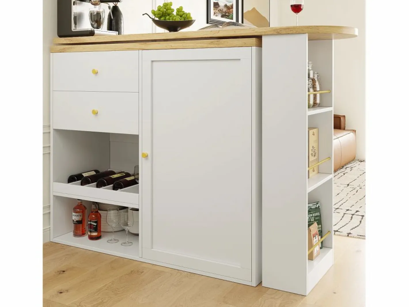 Mueble Bar|Mesa de bar giratoria de madera con 1 puerta y 2 cajones Isla de cocina con almacenaje 138x39x102 cm -