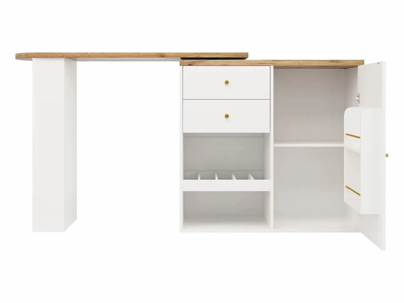 Mueble Bar|Mesa de bar giratoria de madera con 1 puerta y 2 cajones Isla de cocina con almacenaje 138x39x102 cm -
