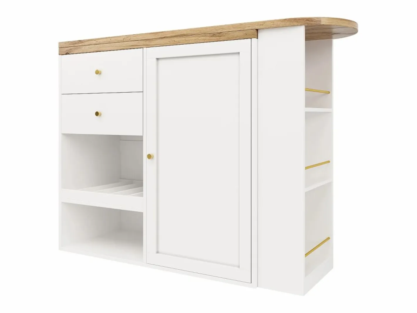 Mueble Bar|Mesa de bar giratoria de madera con 1 puerta y 2 cajones Isla de cocina con almacenaje 138x39x102 cm -