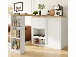 Mueble Bar|Mesa de bar giratoria de madera con 1 puerta y 2 cajones Isla de cocina con almacenaje 138x39x102 cm -