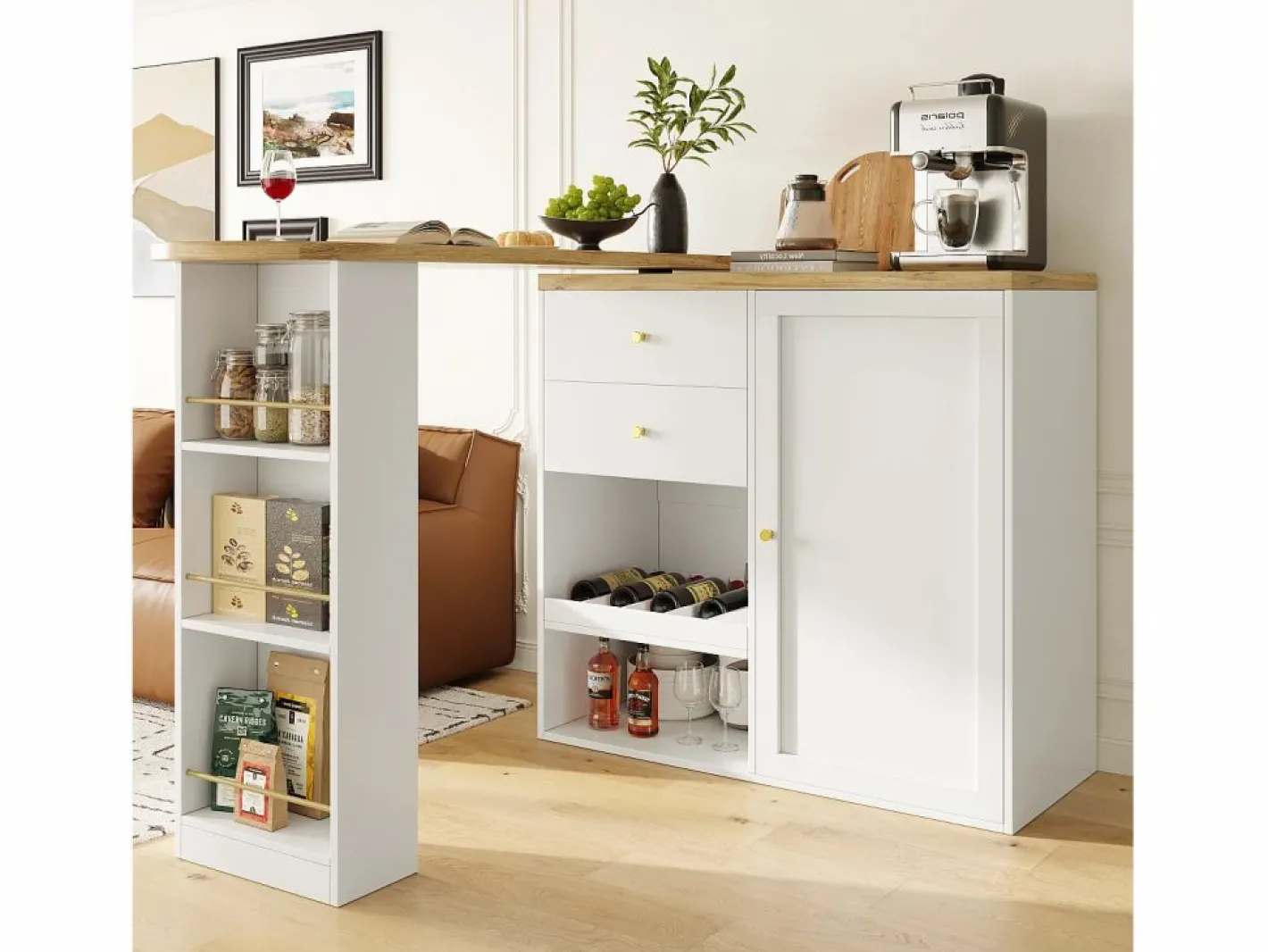 Mueble Bar|Mesa de bar giratoria de madera con 1 puerta y 2 cajones Isla de cocina con almacenaje 138x39x102 cm -