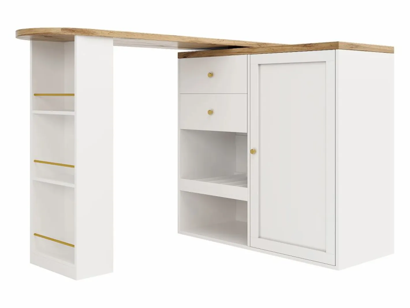 Mueble Bar|Mesa de bar giratoria de madera con 1 puerta y 2 cajones Isla de cocina con almacenaje 138x39x102 cm -