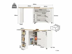 Mueble Bar|Mesa de bar giratoria móvil 2 puertas y 3 cajones Isla de cocina con tablero extensible (135-203)x39x106 cm -