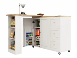 Mueble Bar|Mesa de bar giratoria móvil 2 puertas y 3 cajones Isla de cocina con tablero extensible (135-203)x39x106 cm -