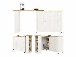 Mueble Bar|Mesa de bar giratoria móvil 2 puertas y 3 cajones Isla de cocina con tablero extensible (135-203)x39x106 cm -