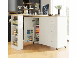 Mueble Bar|Mesa de bar giratoria móvil 2 puertas y 3 cajones Isla de cocina con tablero extensible (135-203)x39x106 cm -