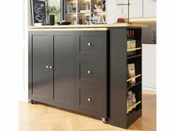 Mueble Bar|Mesa de bar giratoria móvil 2 puertas y 3 cajones Isla de cocina con tablero extensible (135-203)x39x106 cm -