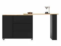 Mueble Bar|Mesa de bar giratoria móvil 2 puertas y 3 cajones Isla de cocina con tablero extensible (135-203)x39x106 cm -