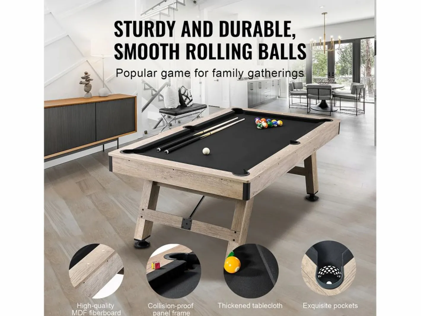 Mesa de Billar Convertible SucceBuy 213 cm - Juego de Mesa de Billar, Tela Negra, para Sala de Juegos Negro Best