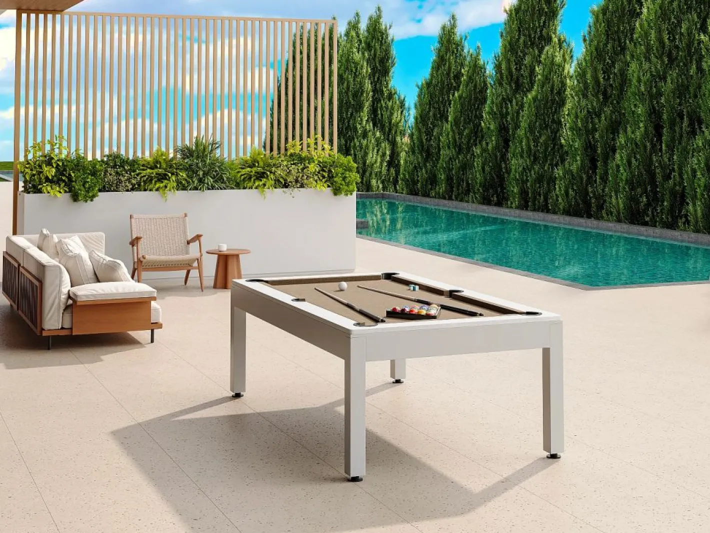 Vente-unique Billar|Mesa de billar exterior - Blanco y taupe - L213,4 x P121,1 x 79,7 cm - STAZIO