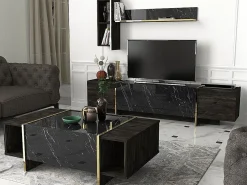 Vente-unique Mesa de centro - 1 puerta y 2 estantes - Efecto mármol negro y dorado - CADEBA Negro / Color natural oscuro New